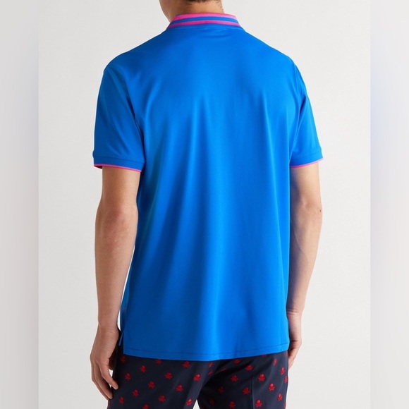G/FORE Embroidered Piqué Golf Polo Shirt Blue Neon Pink Skull Striped Collar L - Picture 3 of 14